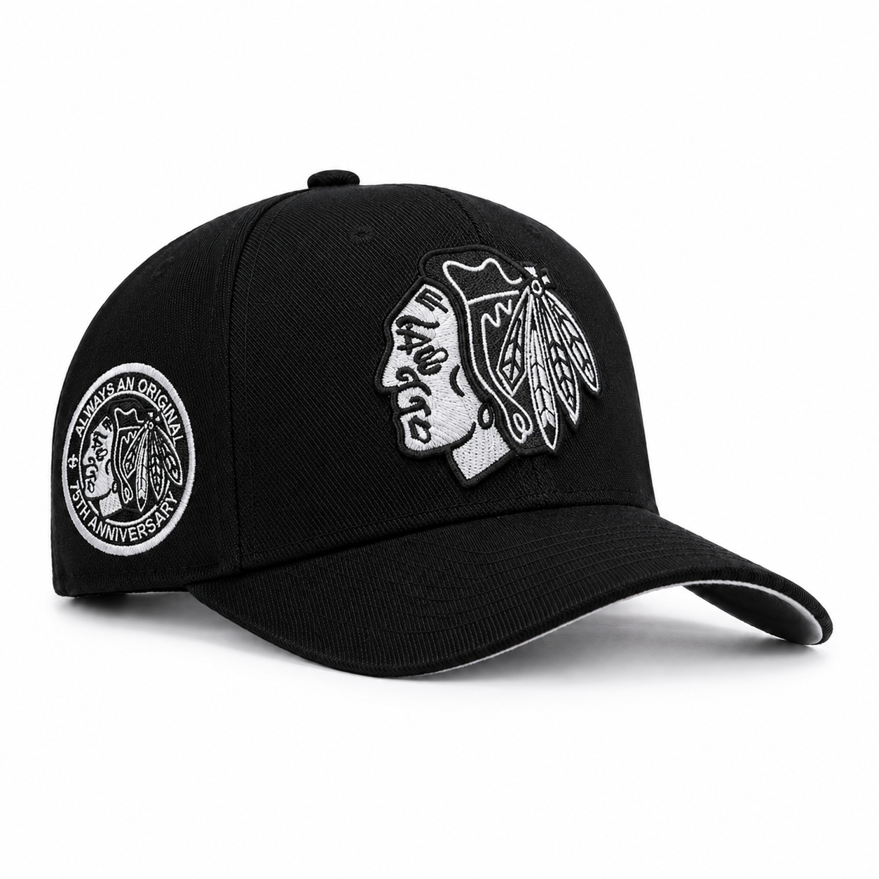 Chicago Blackhawks '75th Anniversary' Black Mitchell & Ness Pro Crown Adjustable Snapback - Product Image
