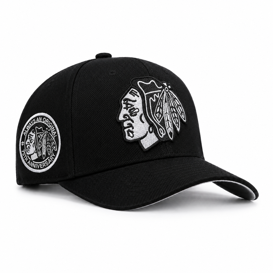 Chicago Blackhawks '75th Anniversary' Black Mitchell & Ness Pro Crown Adjustable Snapback - Product Image