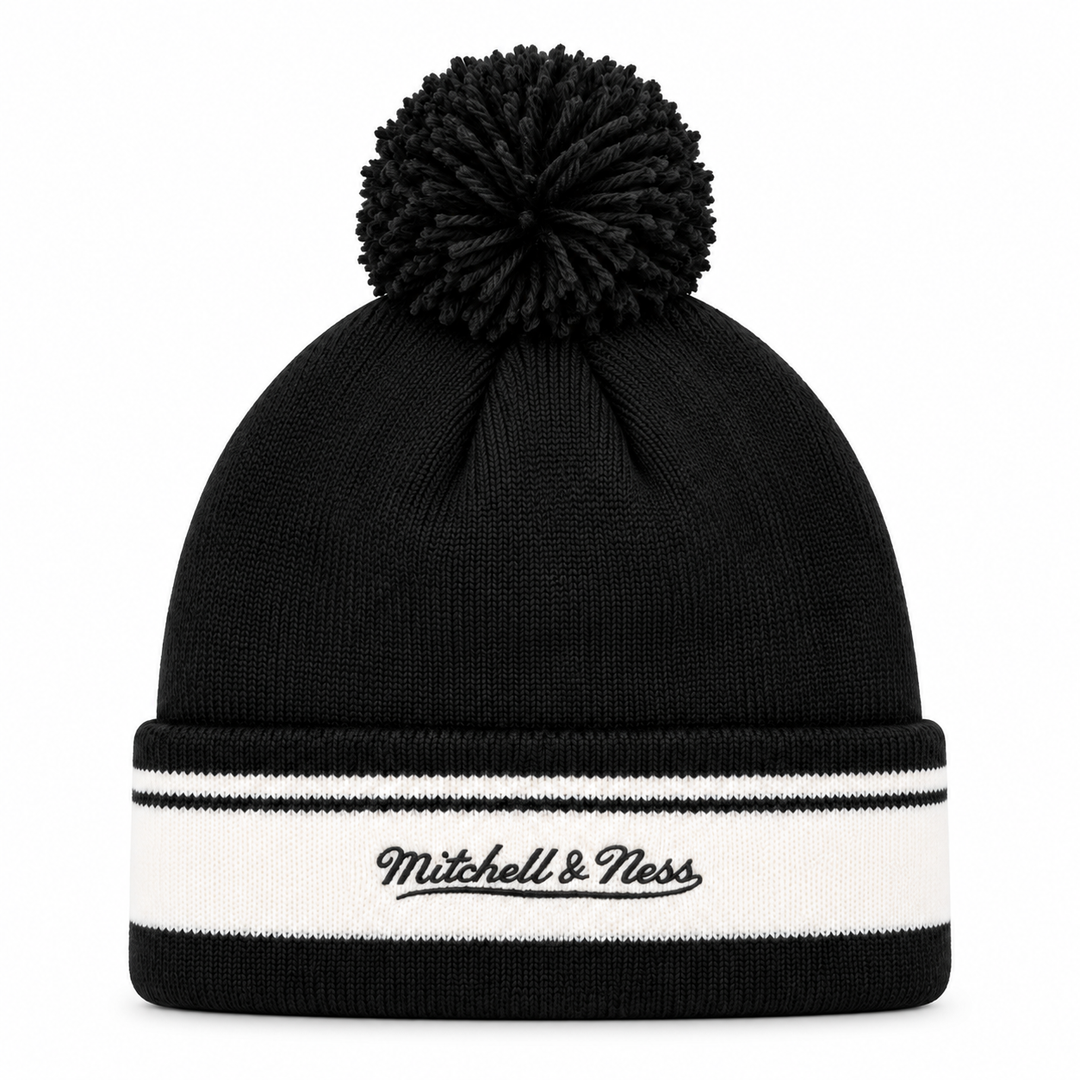 Brooklyn Nets Mitchell & Ness Pom Cuff Knit Beanie - Black/White - Product Image