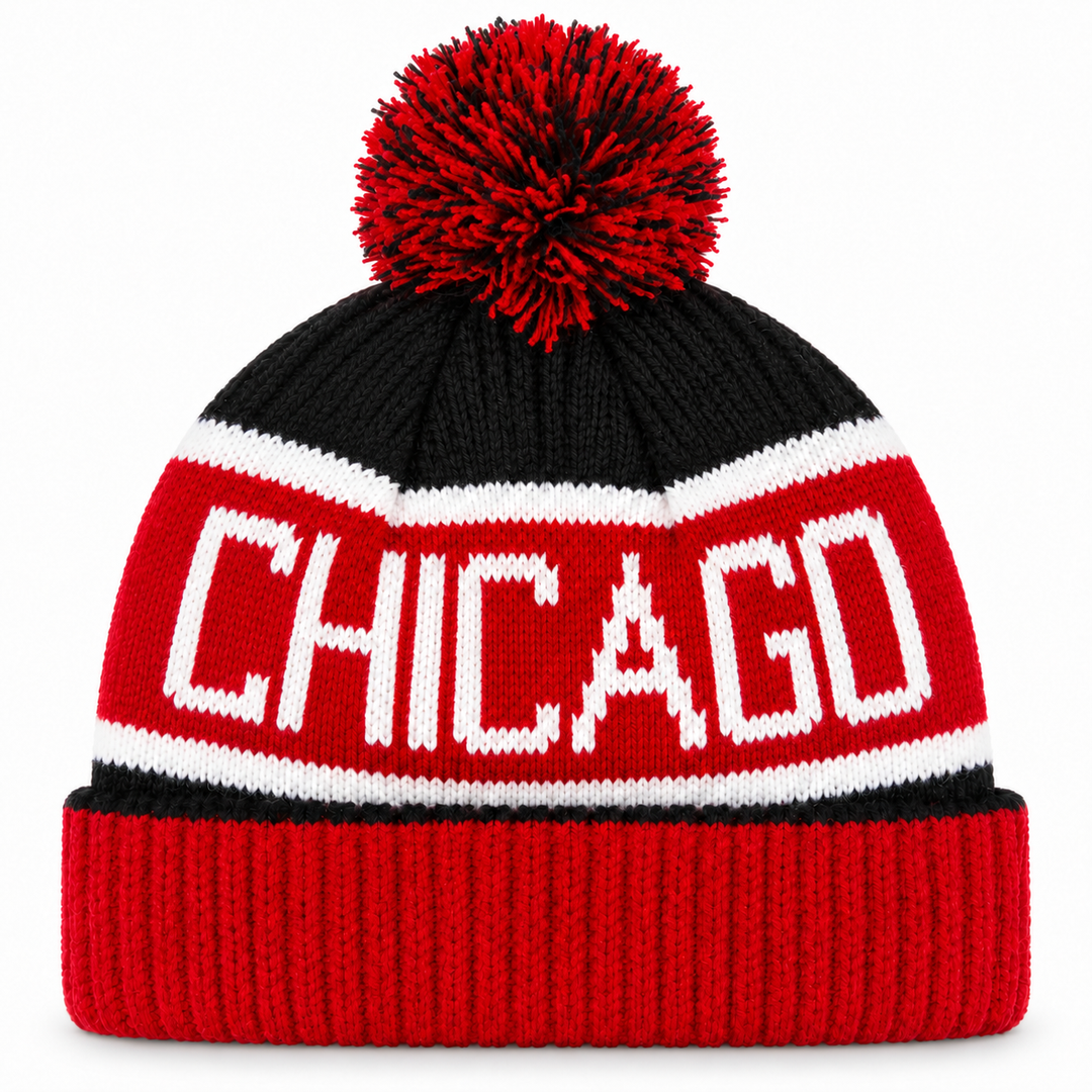 Chicago Bulls Ribbed '47 Brand Pom Cuff Knit Beanie - Black/Red - Product Image