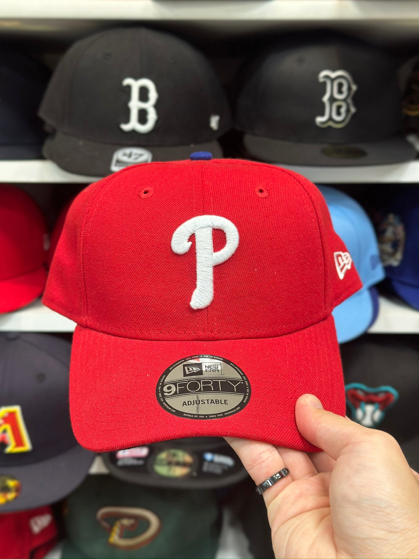 Philadelphia Phillies MLB Ball Cap | New Era 9FORTY Adjustable Velcro Strap | Red