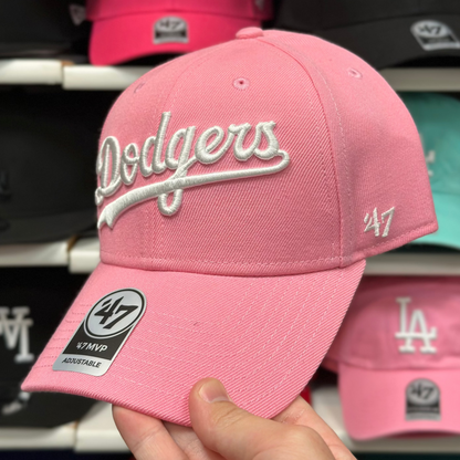 LA Dodgers MLB Script Ball Cap | '47 Brand MVP Adjustable Curve Cap | Pink