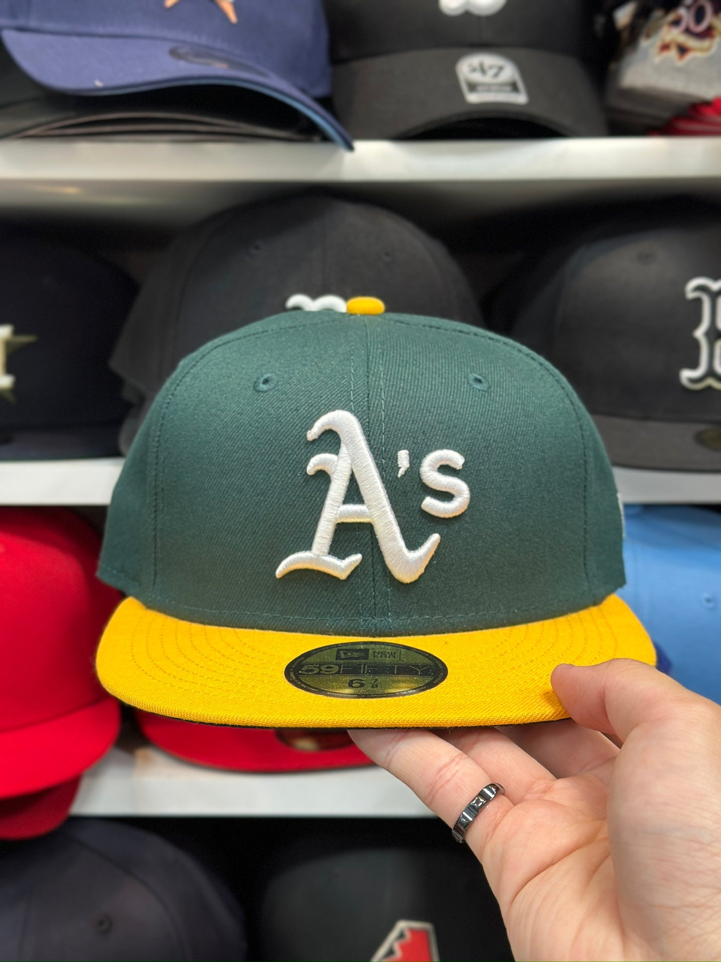 Oakland Athletics MLB Fitted Hat | Classic New Era 59FIFTY Sized Cap | Dark Green/Yellow