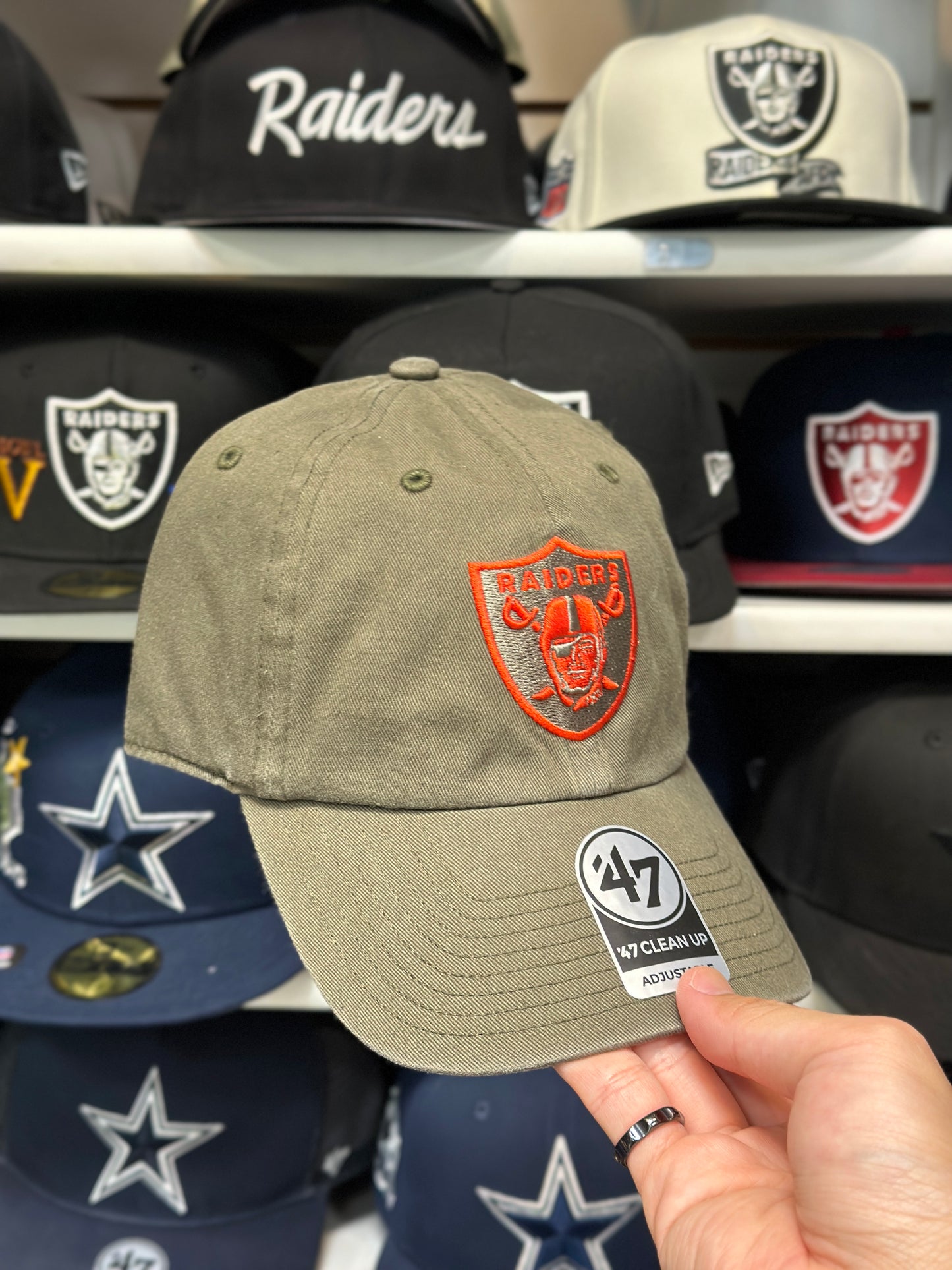 Las Vegas Raiders NFL Dad Cap | '47 Brand Clean Up Adjustable Curve Hat | Olive/Orange