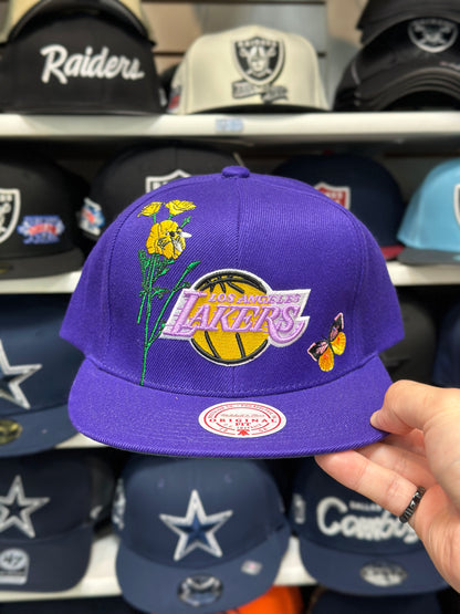 LA Lakers NBA Botanical Patches | Mitchell & Ness Original Fit Adjustable Hat | Purple