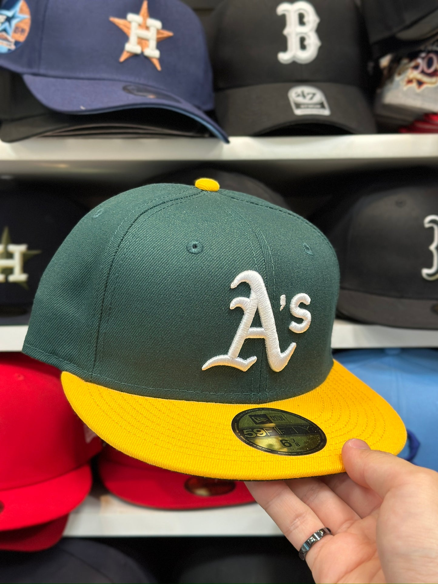 Oakland Athletics MLB Fitted Hat | Classic New Era 59FIFTY Sized Cap | Dark Green/Yellow