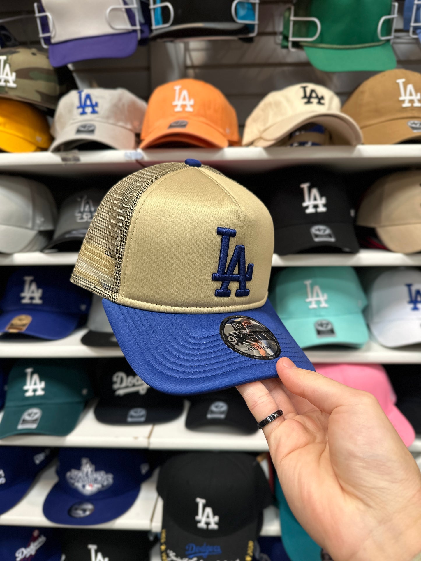 LA Dodgers MLB Foam Trucker | New Era 9FORTY Adjustable Ball Cap | Beige/Blue