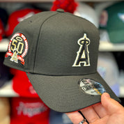 New Era Los Angeles Angels '50th Anniversary' White Gold Outline A-Frame Black 9FORTY Snapback | Red Under Brim - Product Image