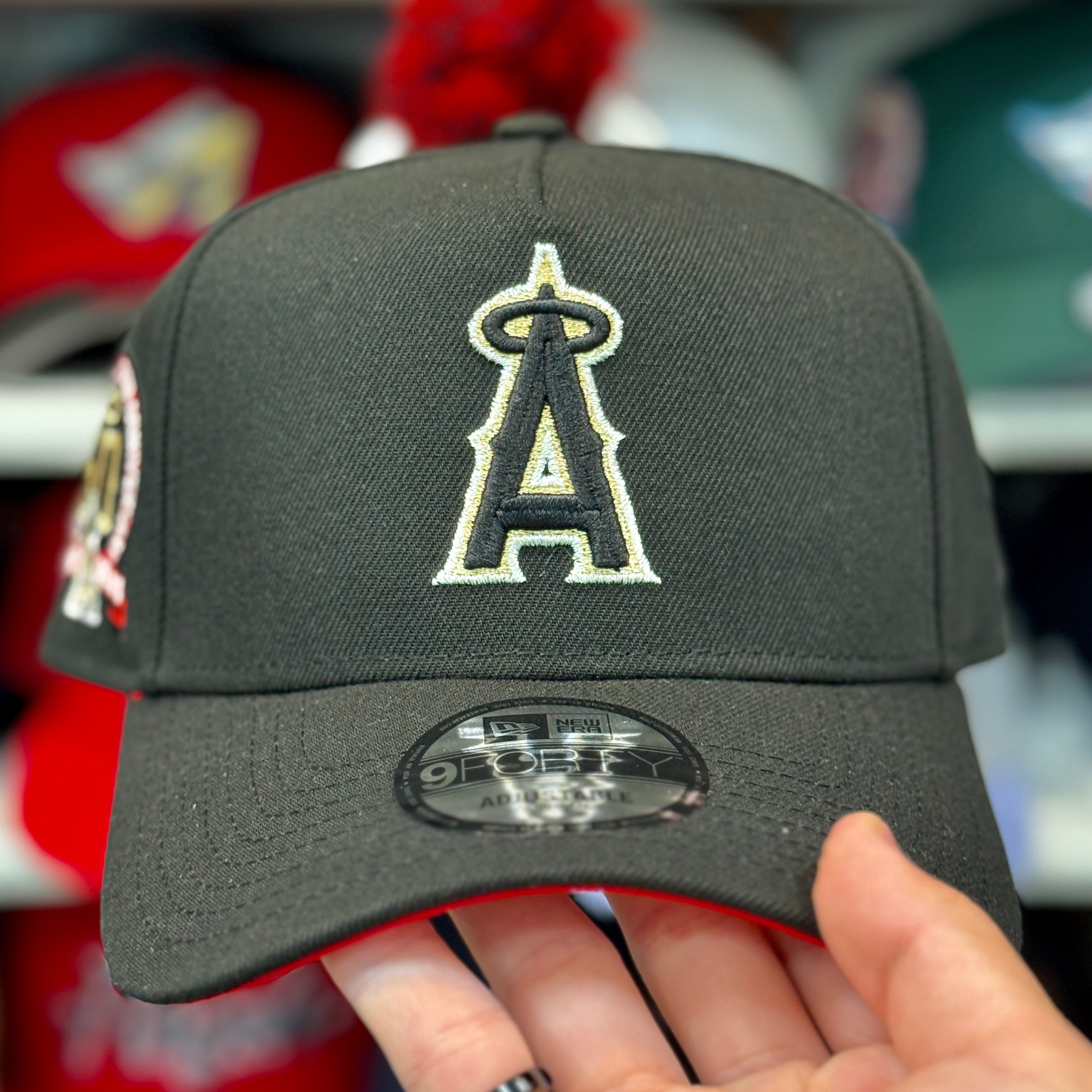 New Era Los Angeles Angels '50th Anniversary' White Gold Outline A-Frame Black 9FORTY Snapback | Red Under Brim - Product Image