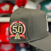 New Era Los Angeles Angels '50th Anniversary' White Gold Outline A-Frame Black 9FORTY Snapback | Red Under Brim - Product Image