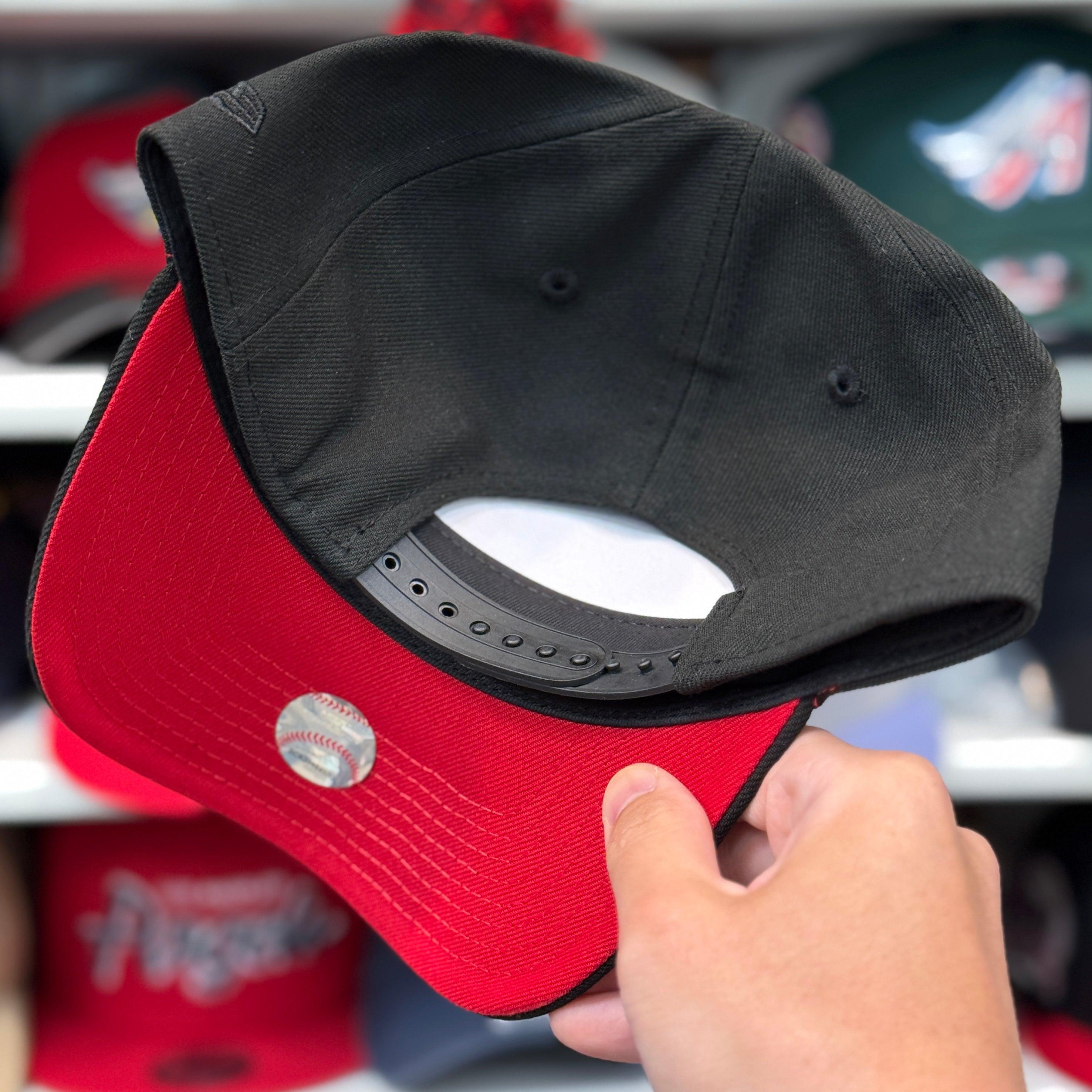 New Era Los Angeles Angels '50th Anniversary' White Gold Outline A-Frame Black 9FORTY Snapback | Red Under Brim - Product Image