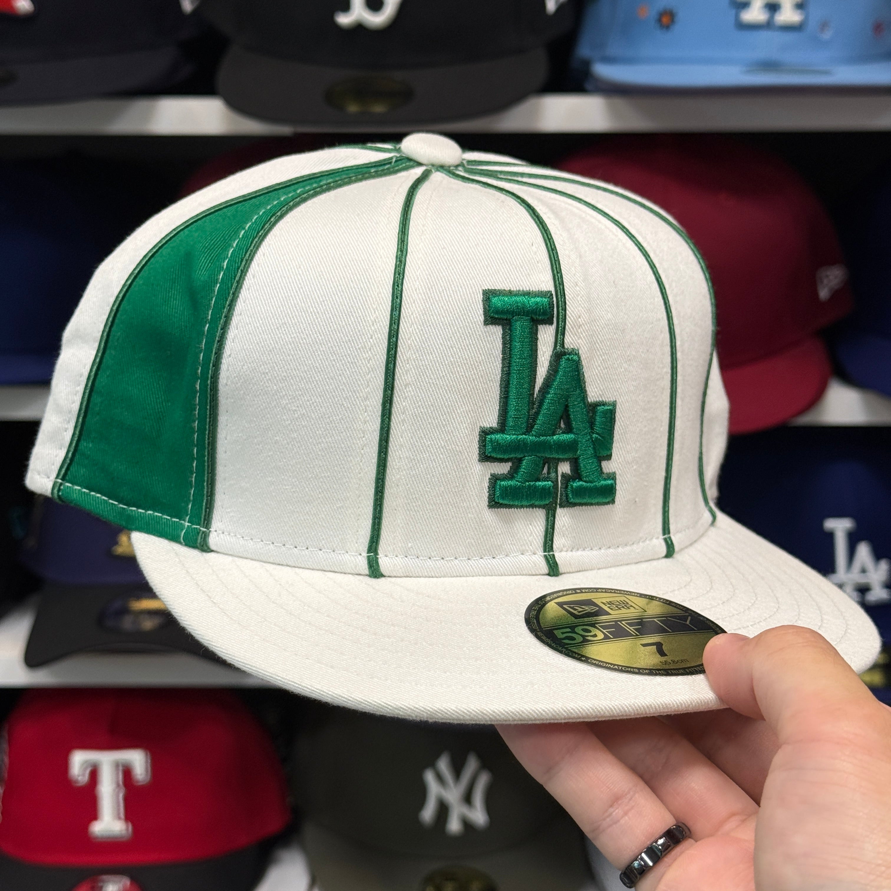 New Era Los Angeles Dodgers 'Green Pinstripe' White 59FIFTY Fitted Hat - Product Image