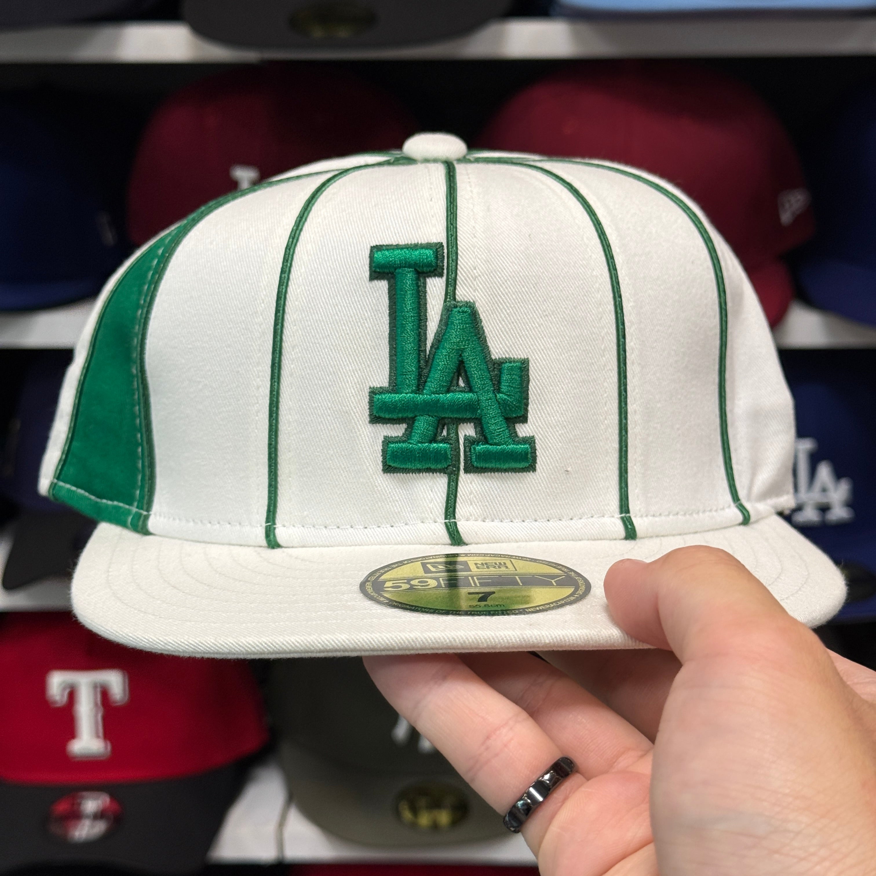 New Era Los Angeles Dodgers 'Green Pinstripe' White 59FIFTY Fitted Hat - Product Image