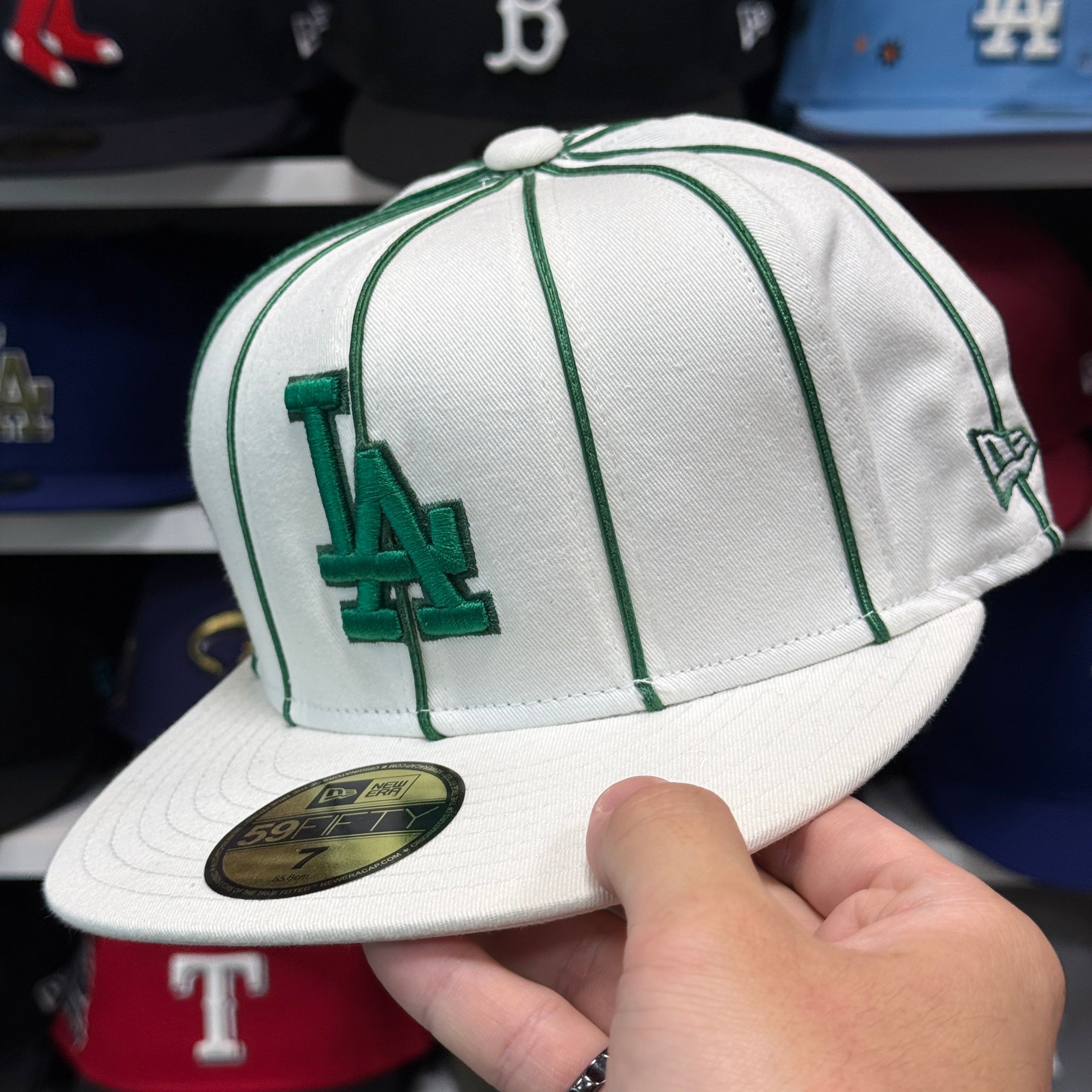 New Era Los Angeles Dodgers 'Green Pinstripe' White 59FIFTY Fitted Hat - Product Image