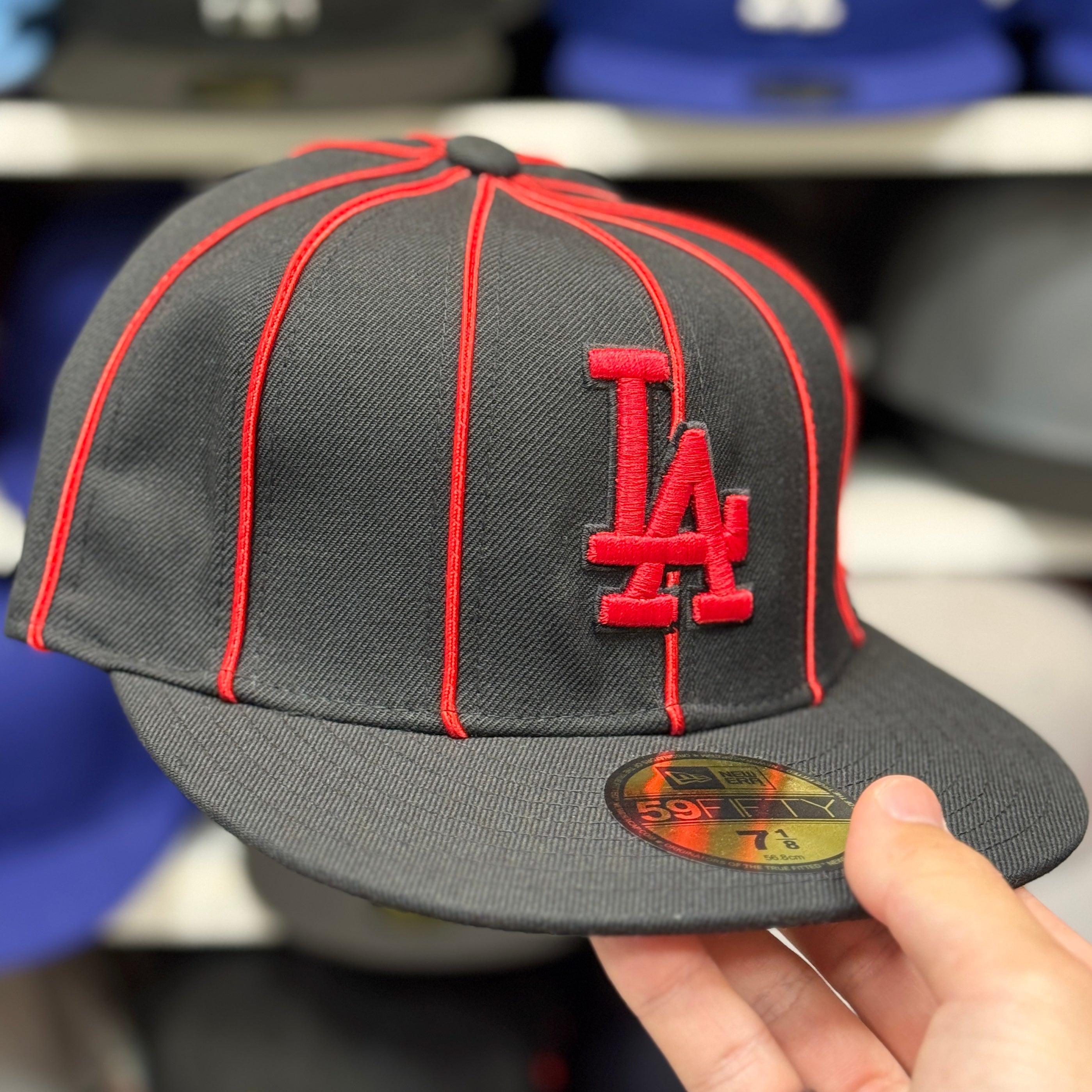 New Era Los Angeles Dodgers 'Red Pinestipe' Black 59FIFTY Fitted Hat - Product Image