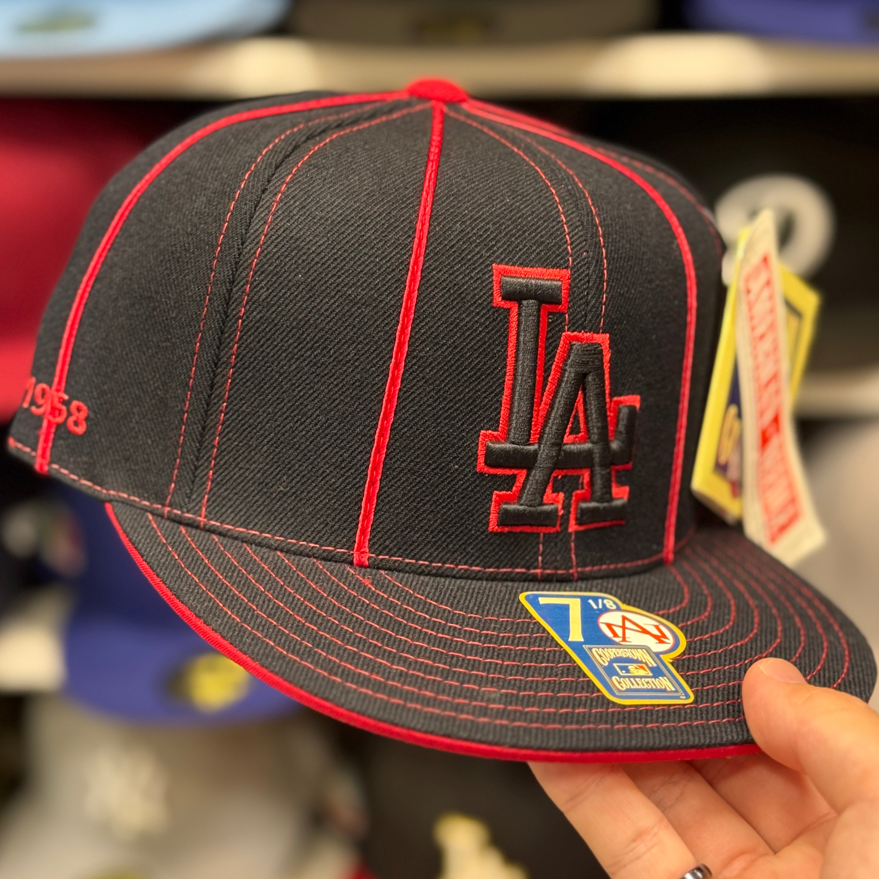 Los Angeles Dodgers 'Red Pinstripe' Black American Needle Fitted Hat - Product Image