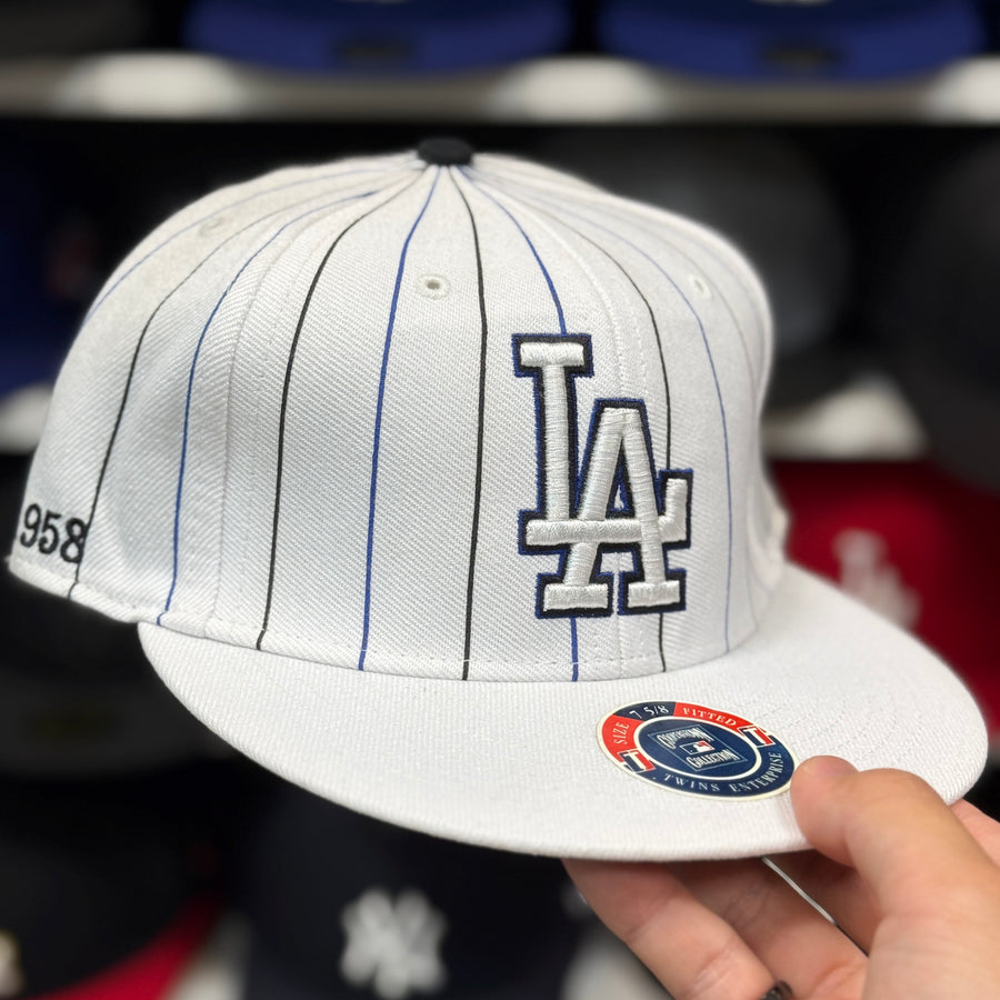 Los Angeles Dodgers 'Navy Pinstripe' White Twin Enterprises Fitted Hat - Product Image