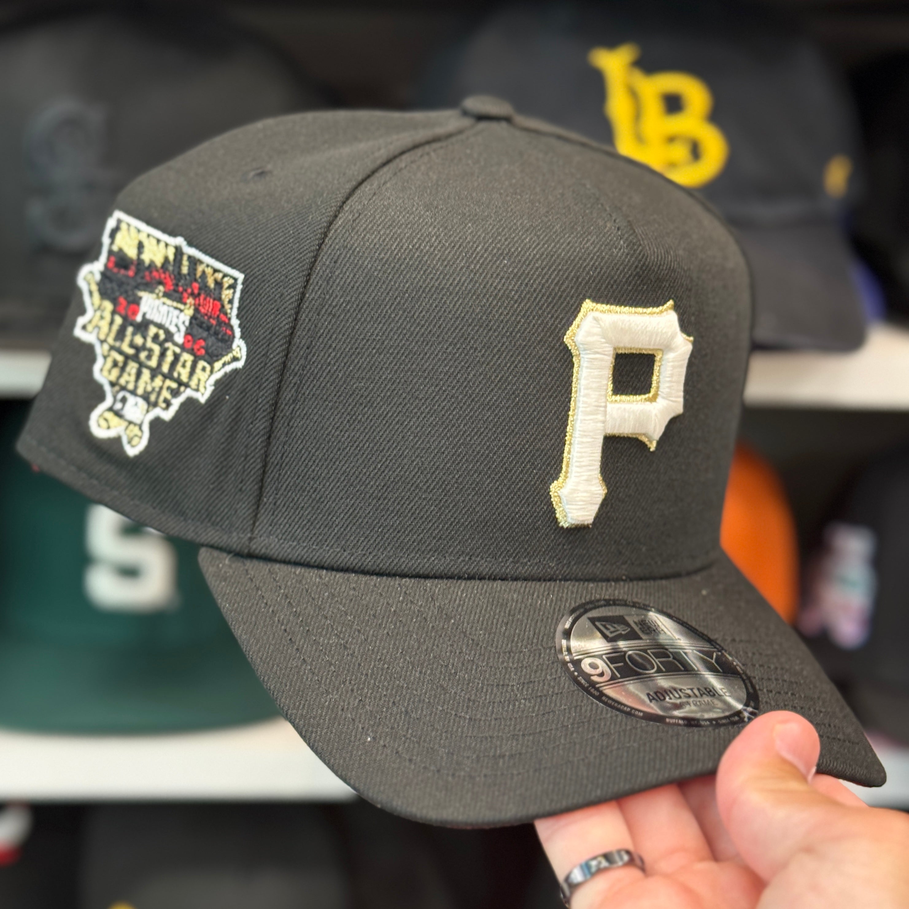New Era Pittsburgh Pirates 'All Star Game' Gold Outline A-Frame Black 9FORTY Snapback | Red Under Brim - Product Image