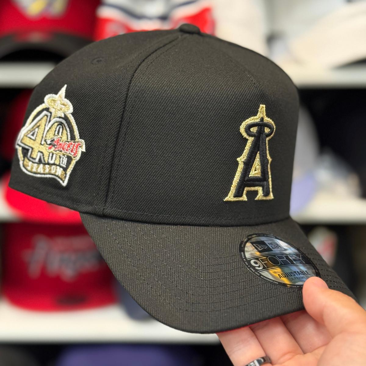 New Era Los Angeles Angels '40th Anniversary' Gold Outline A-Frame Black 9FORTY Snapback | Red Under Brim - Product Image