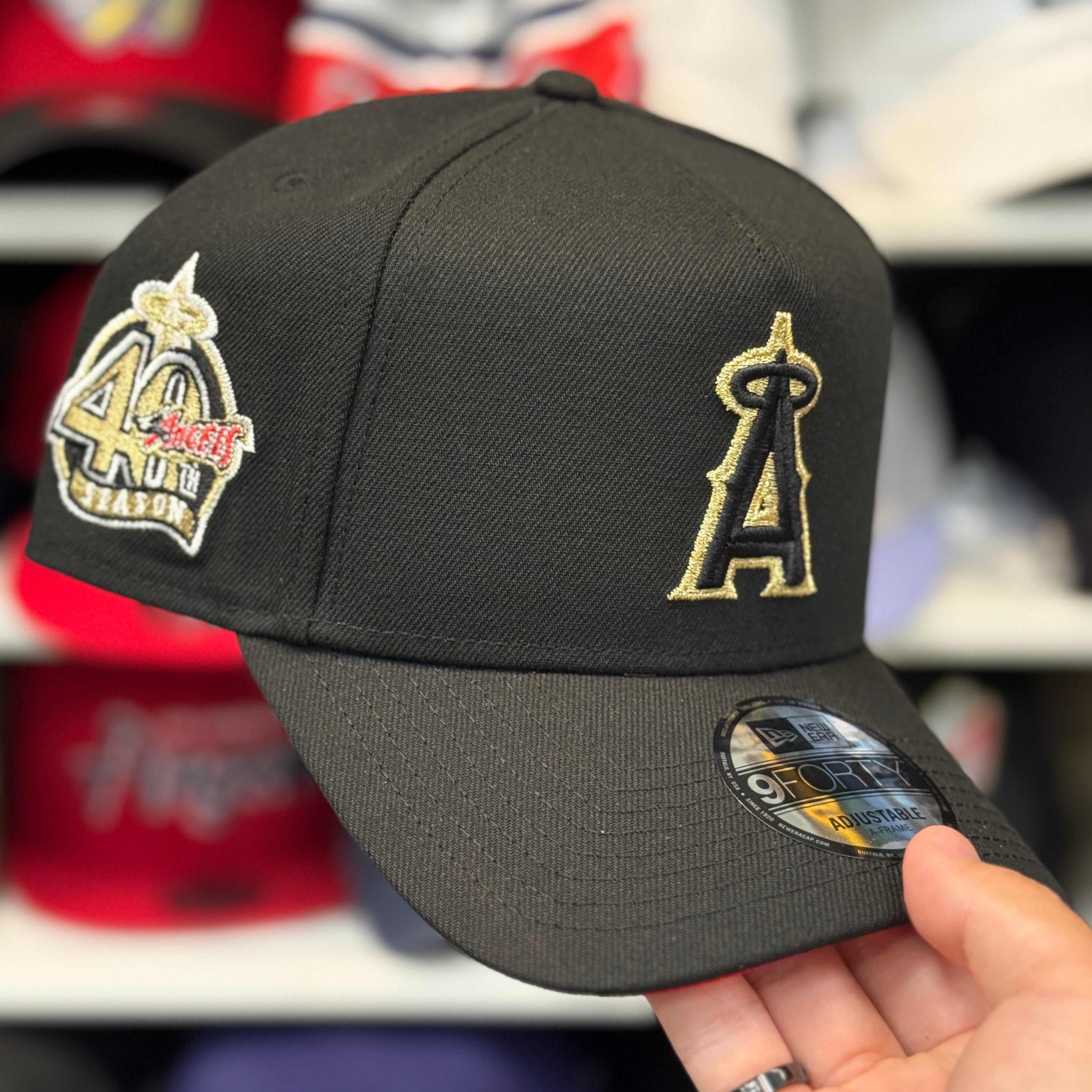 New Era Los Angeles Angels '40th Anniversary' Gold Outline A-Frame Black 9FORTY Snapback | Red Under Brim - Product Image