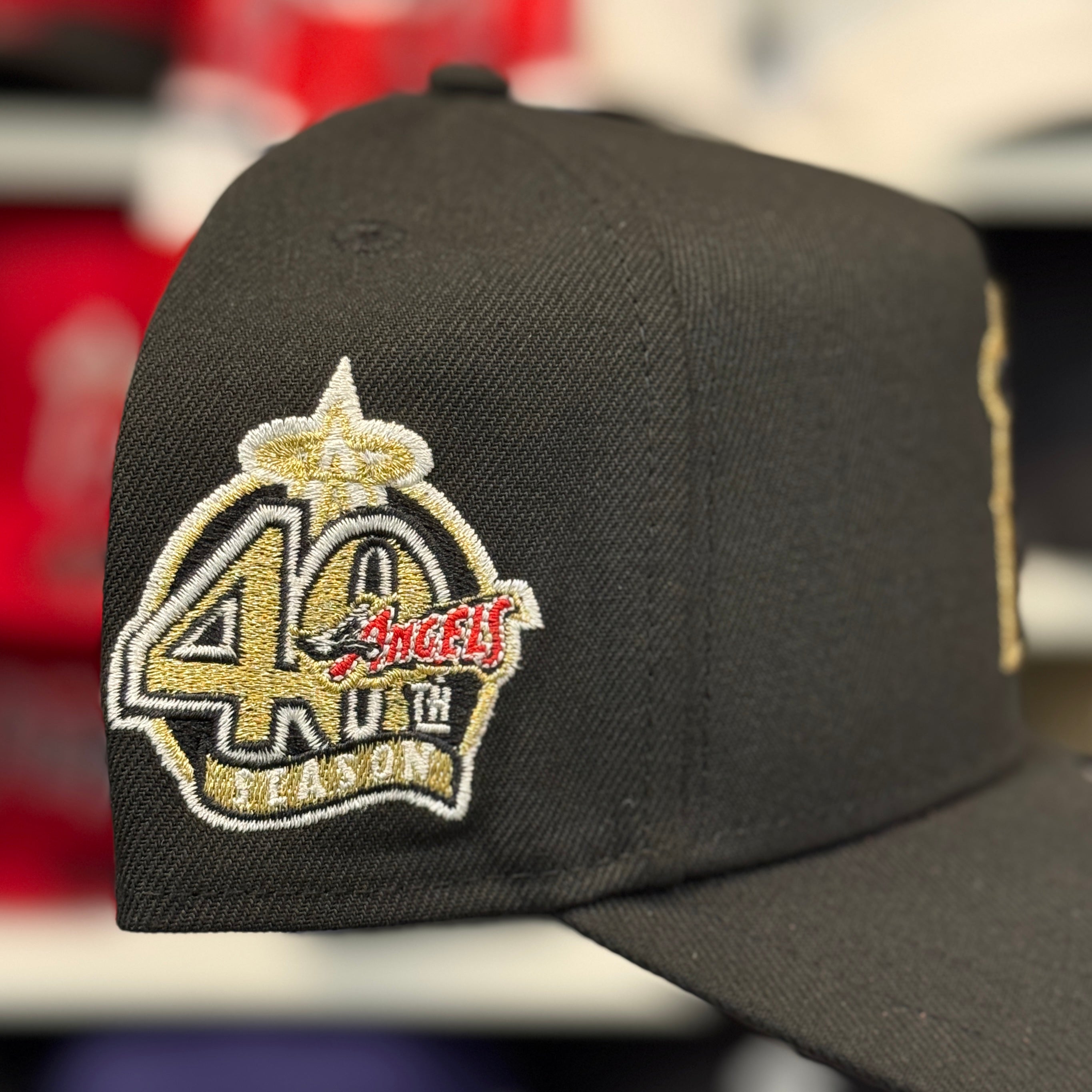 New Era Los Angeles Angels '40th Anniversary' Gold Outline A-Frame Black 9FORTY Snapback | Red Under Brim - Product Image