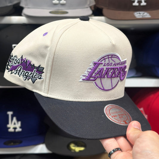 Los Angeles Lakers Creme/Black A-Frame Mitchell & Ness Snapback Creme/Black | Purple Under Brim