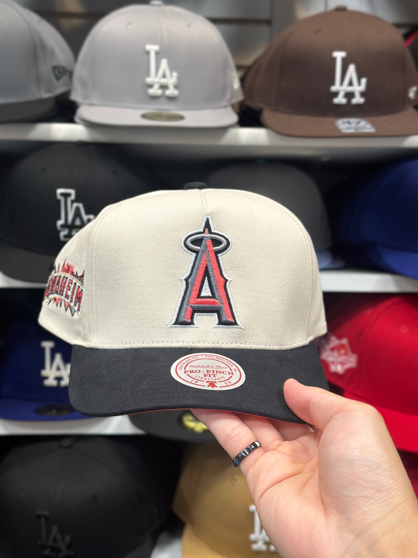 LA Angels MLB Snapback | Mitchell & Ness Pro Pitch Adjustable Hat | Creme/Black