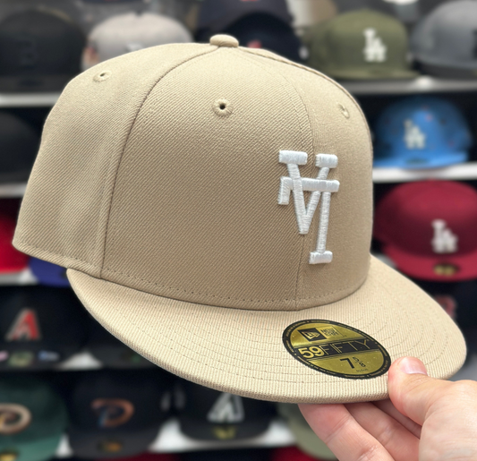 New Era Los Angeles Dodgers 'Upside Down Logo' Tan/White 59FIFTY Fitted Hat - Product Image