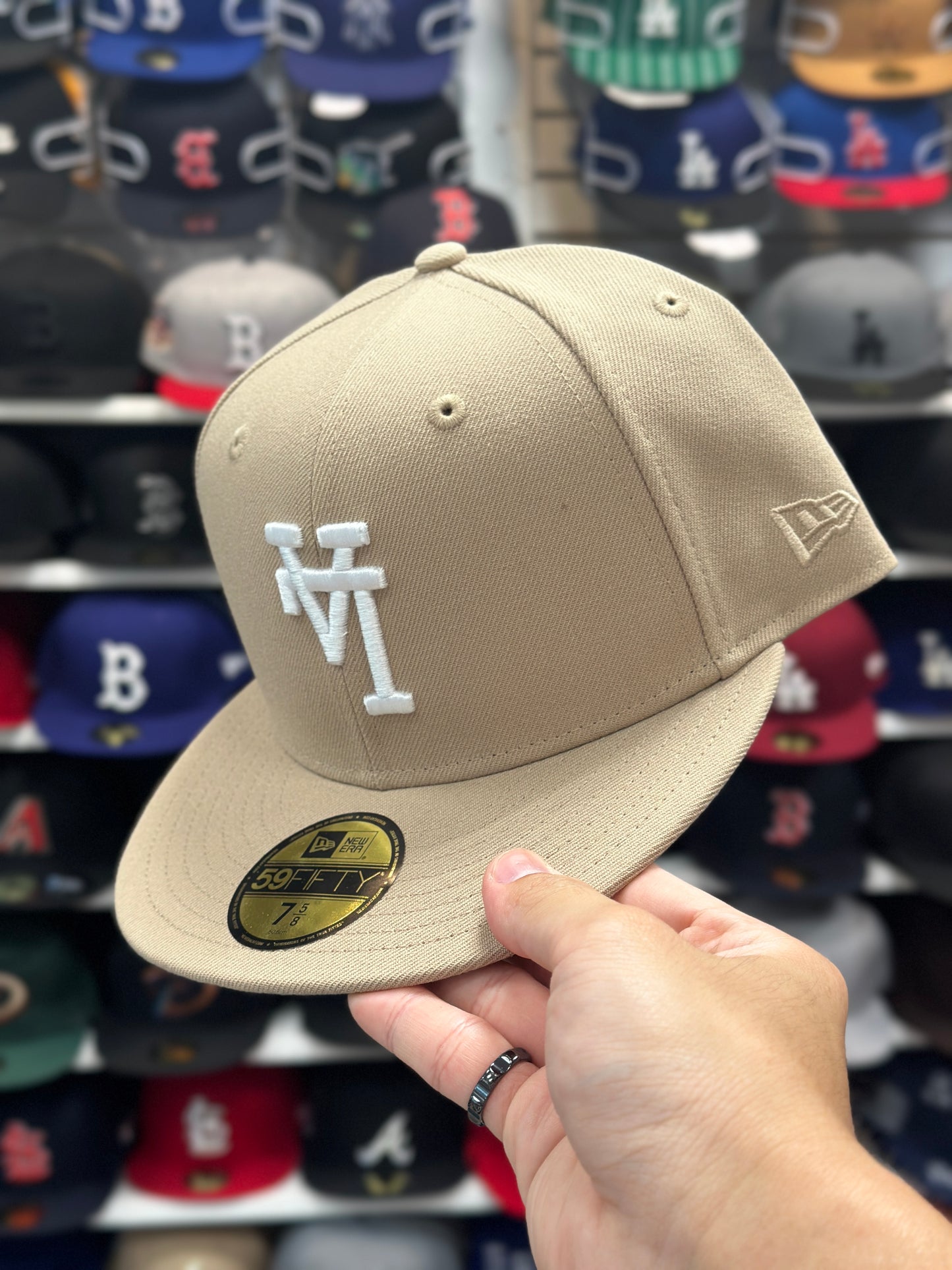 LA Dodgers MLB Upside Down Reverse Logo Fitted Cap | New Era 59FIFTY Fitted Hat | Tan