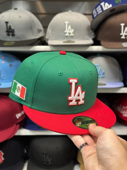 LA Dodgers MLB 'Mexico' Side Patch Fitted Hat | New Era 59FIFTY Sized Cap | Green/Red