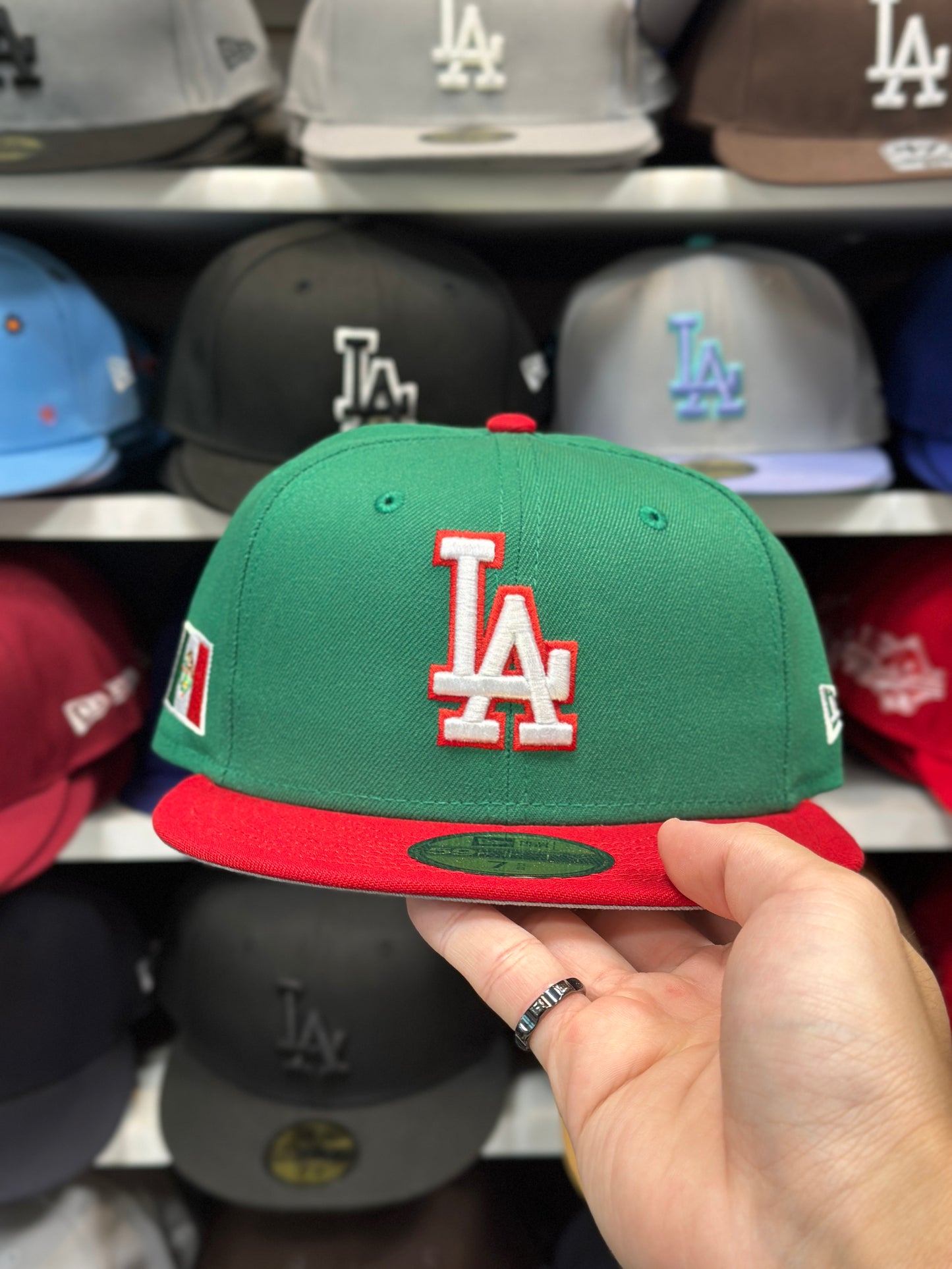 LA Dodgers MLB 'Mexico' Side Patch Fitted Hat | New Era 59FIFTY Sized Cap | Green/Red