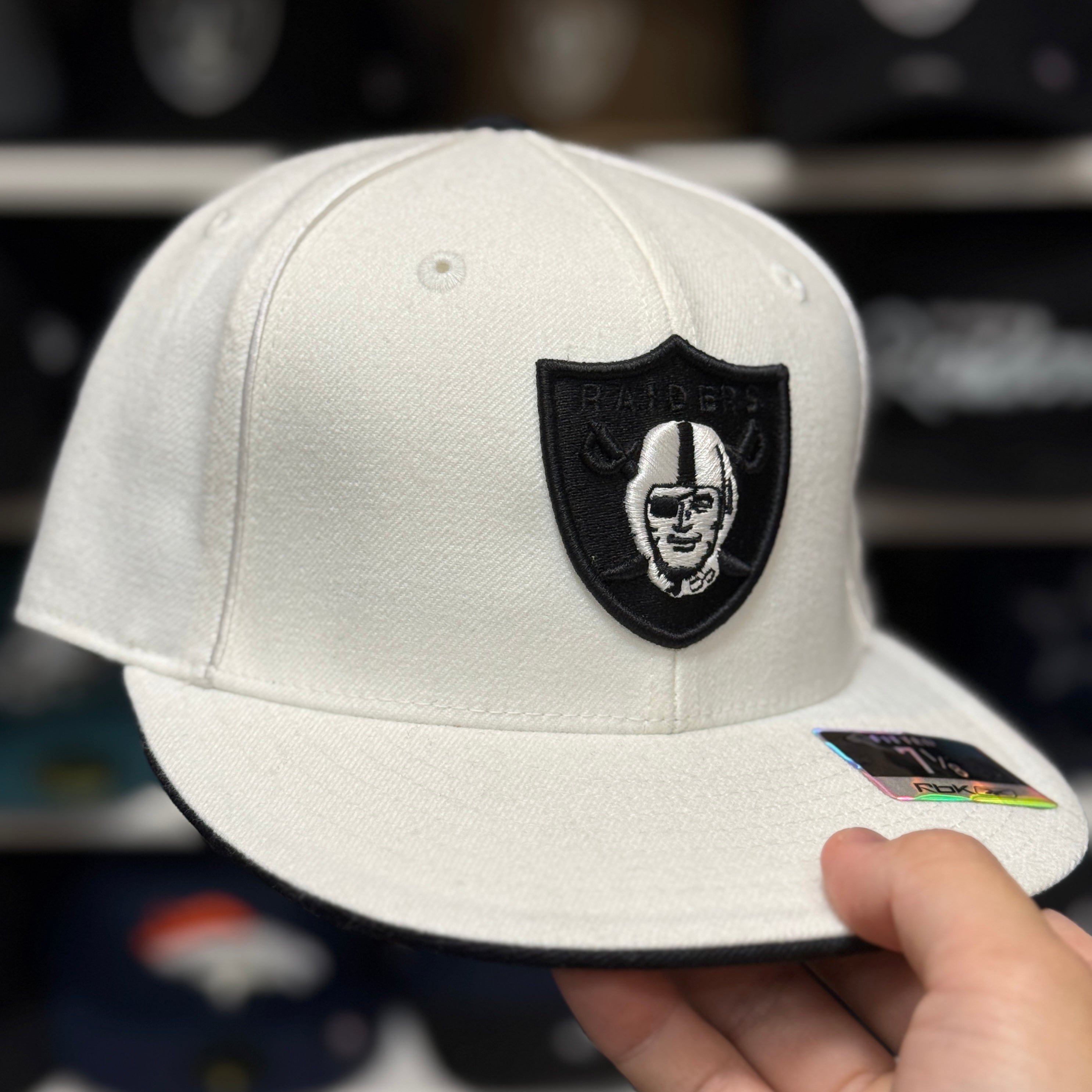 Oakland Raiders 'Black Shield' White Reebok Fitted Hat - Product Image