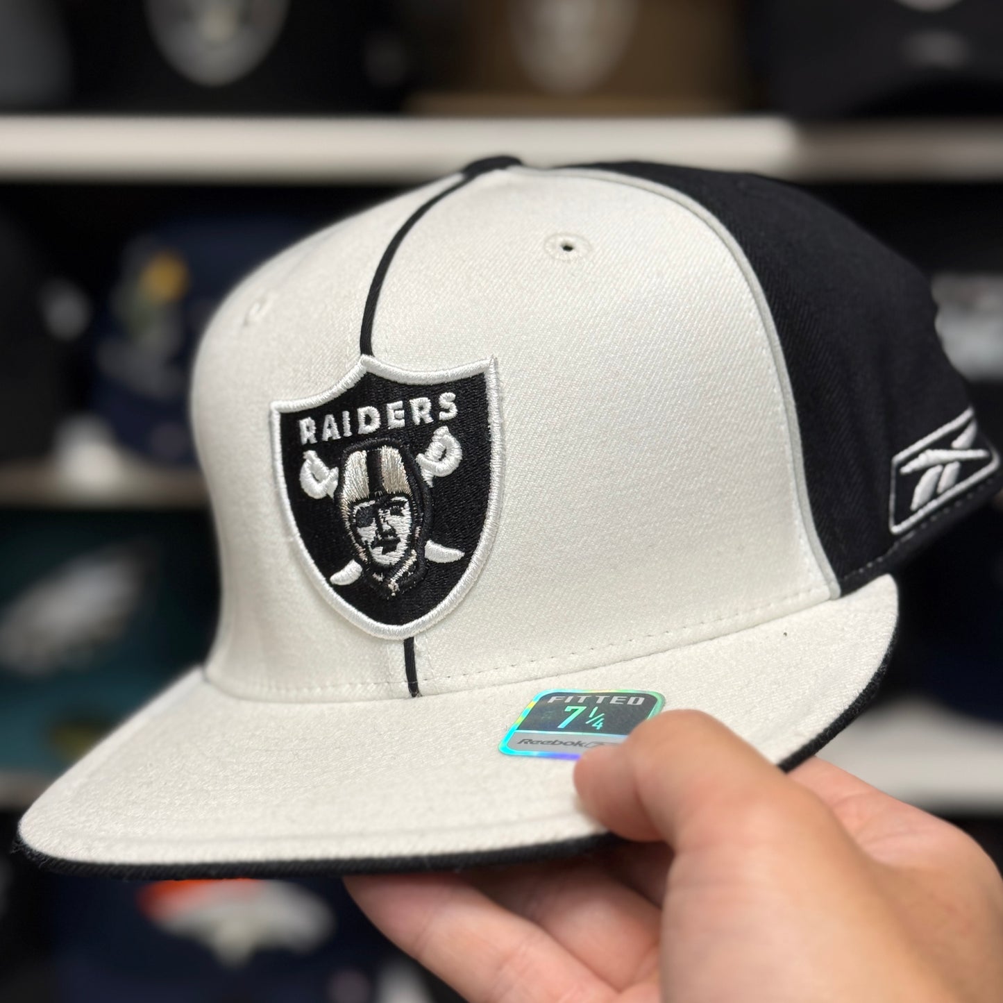 Oakland Raiders 'Center Pipe' White/Black Reebok Fitted Hat - Product Image