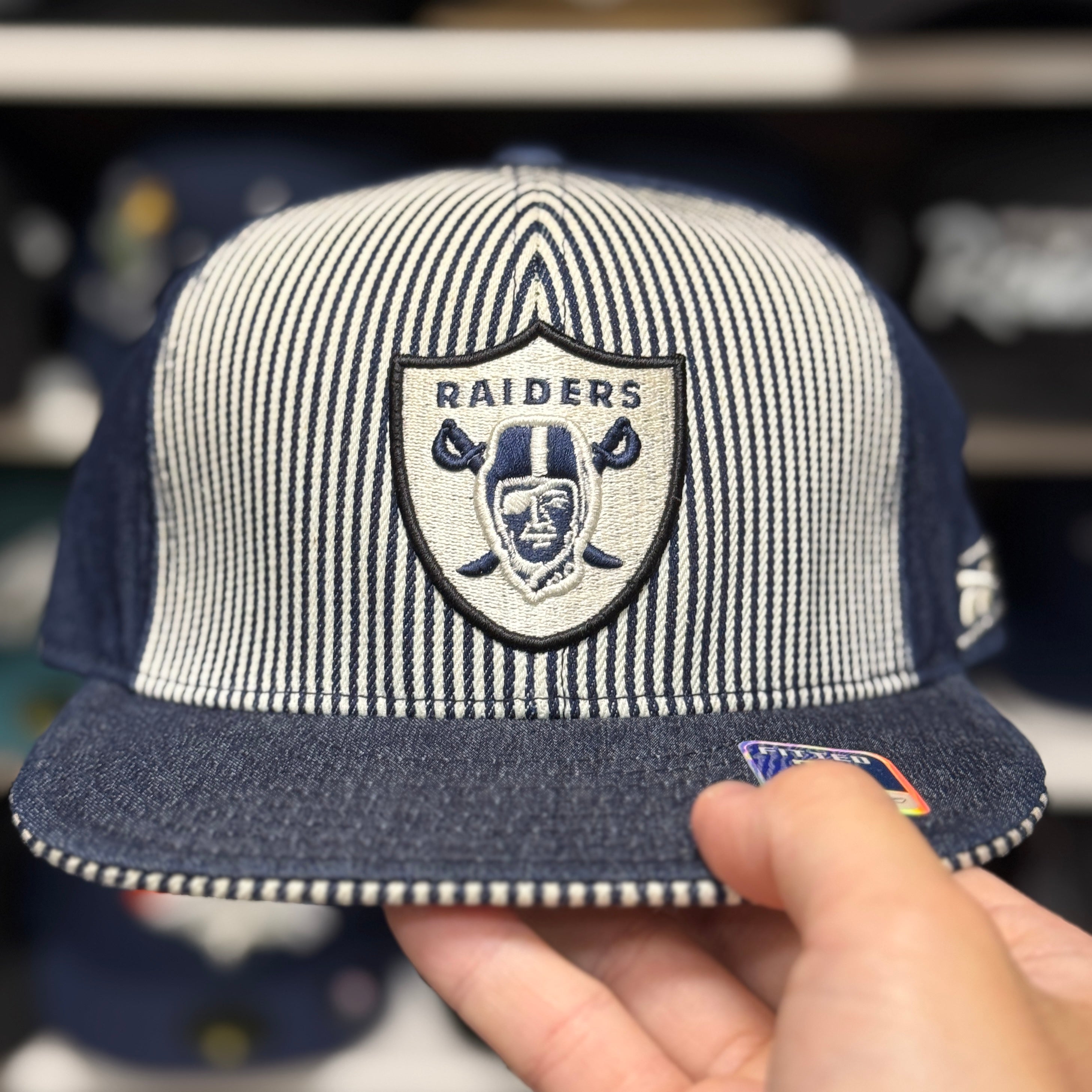 Oakland Raiders 'Railroad Stripe' Denim Reebok Fitted Hat - Product Image