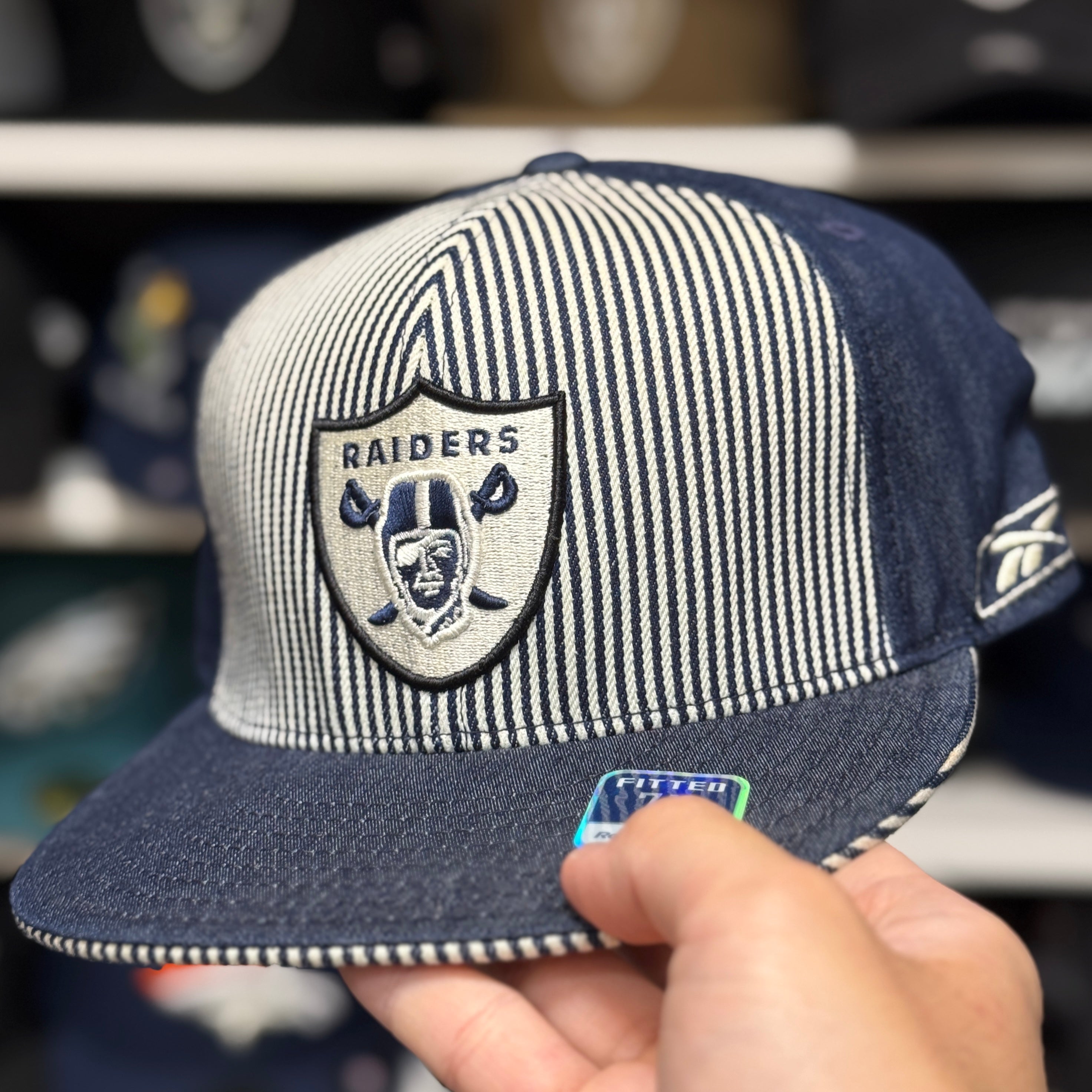 Oakland Raiders 'Railroad Stripe' Denim Reebok Fitted Hat - Product Image