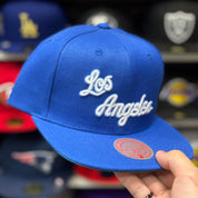 Los Angeles Lakers 'Los Angeles Script' Blue/White Mitchell & Ness Snapback - Product Image