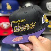 Los Angeles Lakers 'Script Logo' Black/Purple Mitchell & Ness Snapback - Product Image
