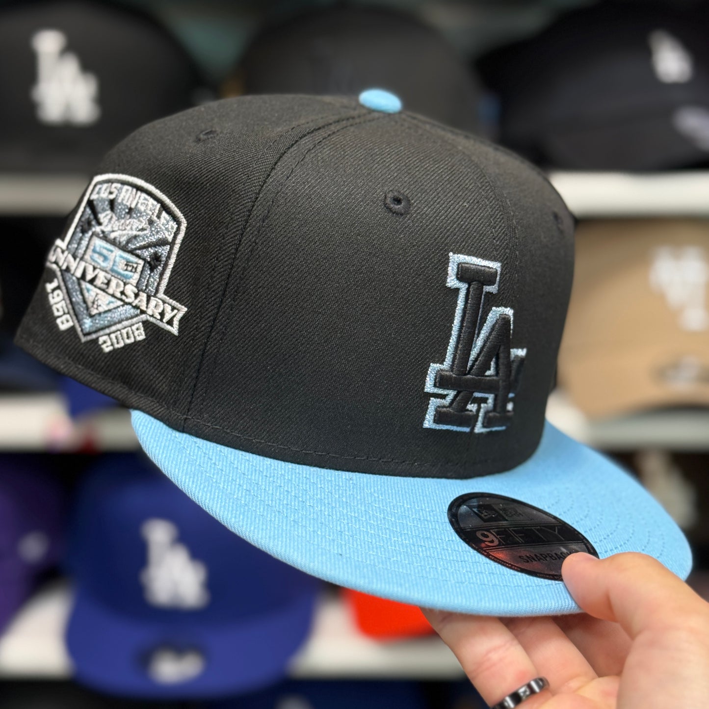 New Era Los Angeles Dodgers '50th Anniversary' Black/Baby Blue Chrome Stitch 9FIFTY Snapback