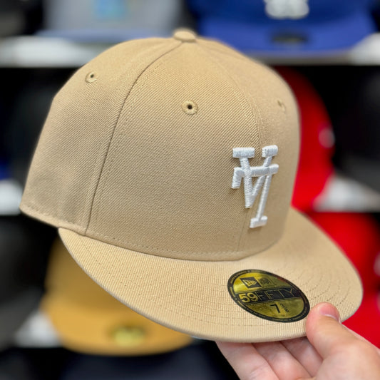 New Era LA Dodgers Upside Down Reverse Logo 59FIFTY Fitted Cap Beige