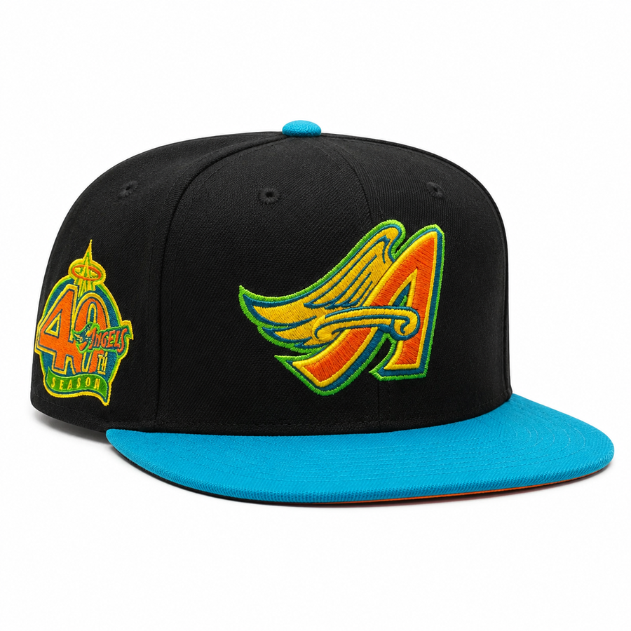Los Angeles Angels '40th Anniversary' Black/Teal Mitchell & Ness OG Adjustable Snapback Hat - Product Image