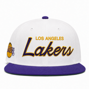 Los Angeles Lakers 'Script' White/Purple Mitchell & Ness Adjustable Original Fit Snapback - Product Image