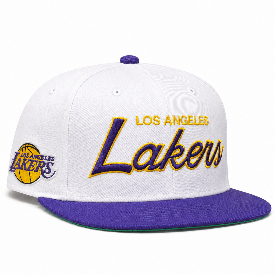 Los Angeles Lakers 'Script' White/Purple Mitchell & Ness Adjustable Original Fit Snapback - Product Image