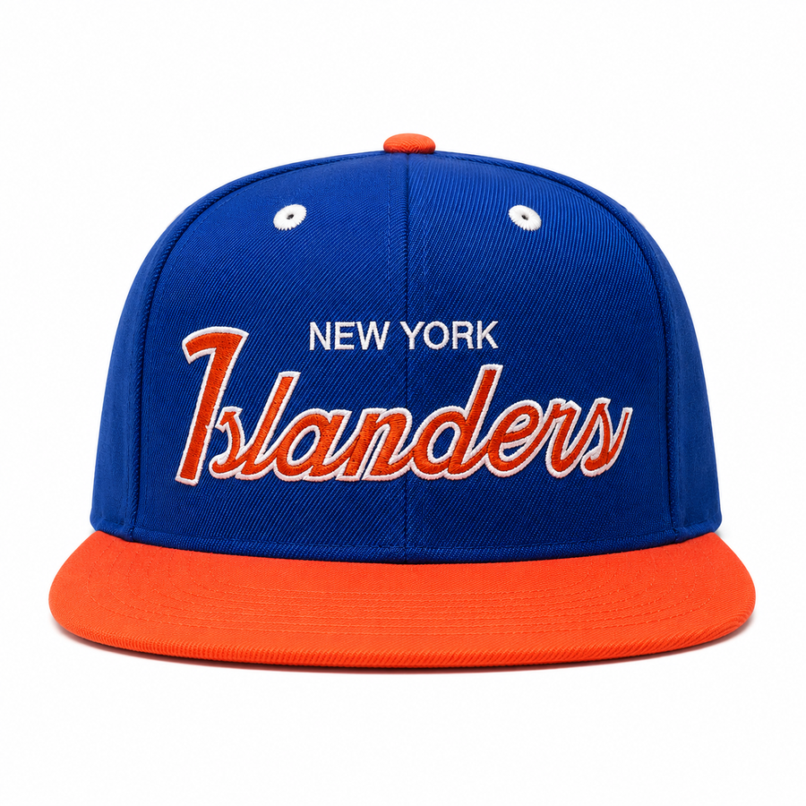 New York Islanders 'Script Logo' Blue/Orange Mitchell & Ness OG Adjustable Snapback Hat - Product Image