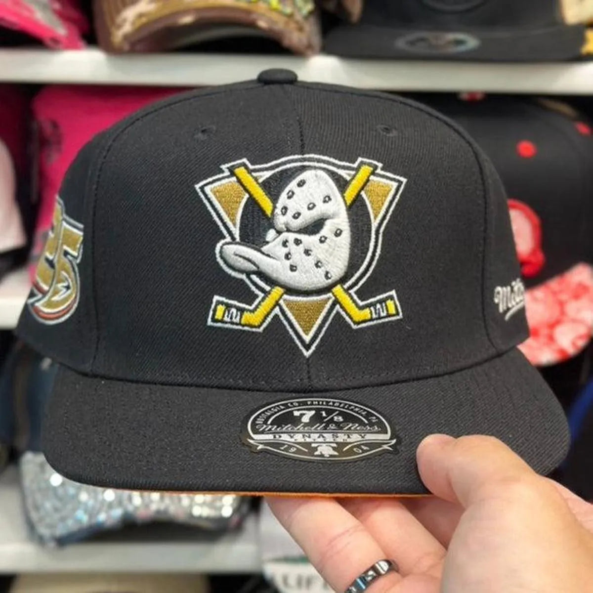 Anaheim Ducks '25th Anniversary' Black Mitchell & Ness Dynasty Fitted Hat - Product Image