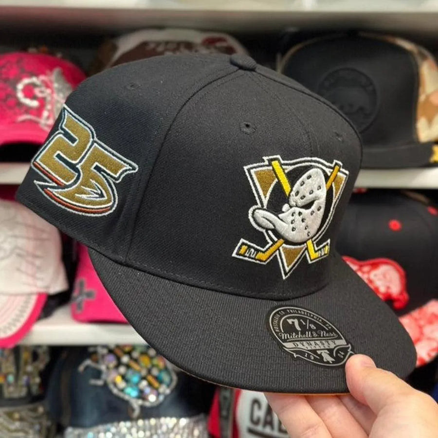 Anaheim Ducks '25th Anniversary' Black Mitchell & Ness Dynasty Fitted Hat - Product Image