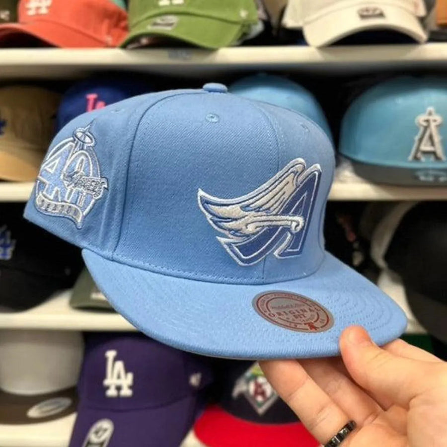 Los Angeles Angels '40th Anniversary' Baby Blue/White Mitchell & Ness Snapback - Product Image