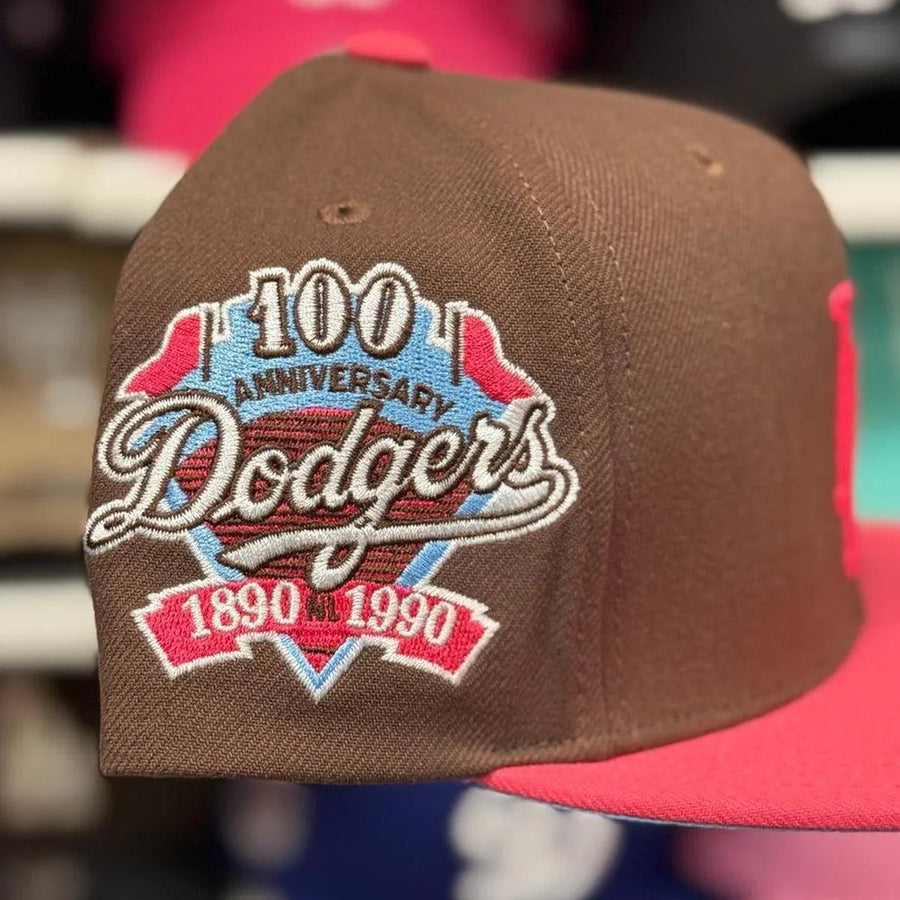Los Angeles Dodgers '100th Anniversary' Mocha Brown/Pink Mitchell & Ness Snapback - Product Image