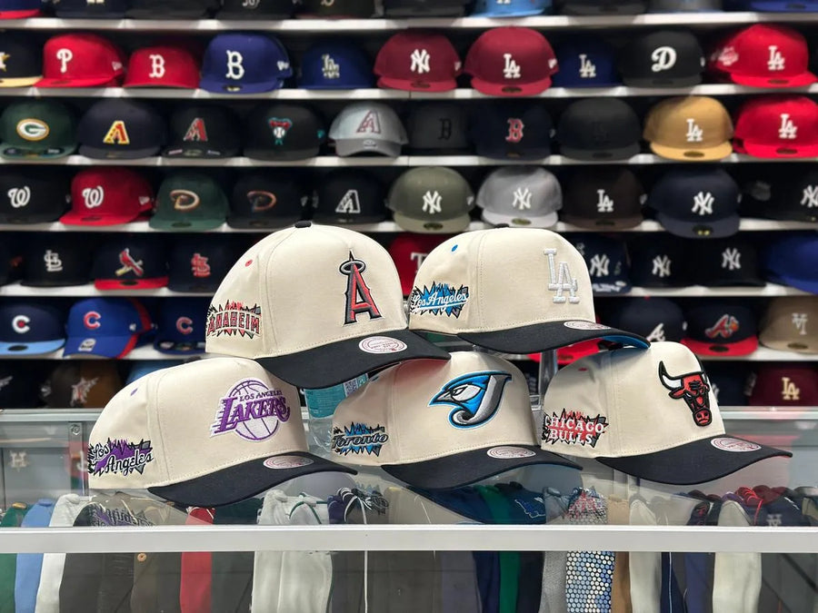 Los Angeles Dodgers Creme/Black A-Frame Mitchell & Ness Snapback | Blue Under Brim - Product Image