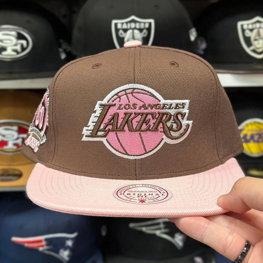 Los Angeles Lakers '60th Anniversary' Mocha Brown/Pink Mitchell & Ness Snapback - Product Image