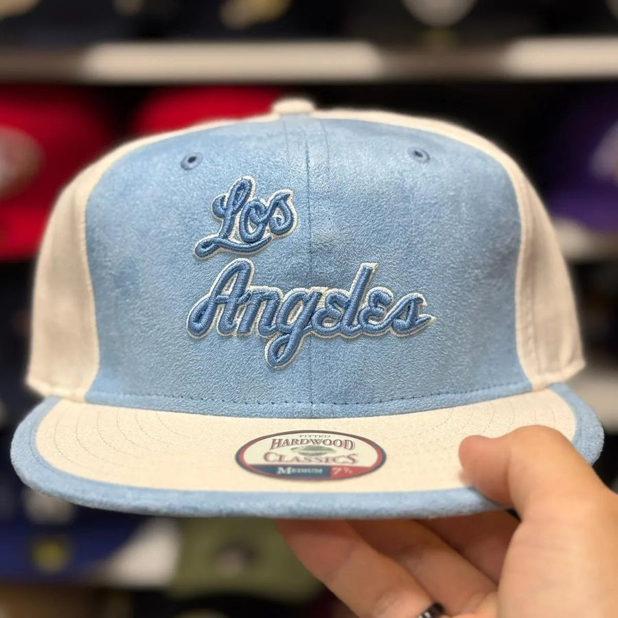 Los Angeles Lakers 'Script Suede' White/Baby Blue Fitted Hat - Product Image